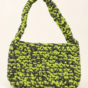 Nadra crochet bag in lime and dark gray, front view with handle