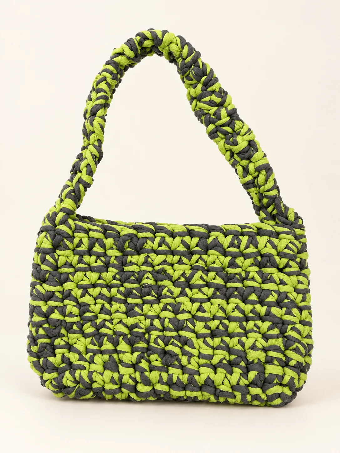 Nadra crochet bag in lime and dark gray, front view with handle