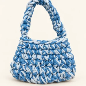 Nasma crochet bag in blue and gray, front view