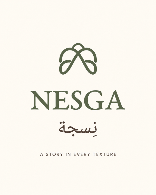 NESGA original brand lockup, with Arabic wordmark and A Story in Every Texture tagline