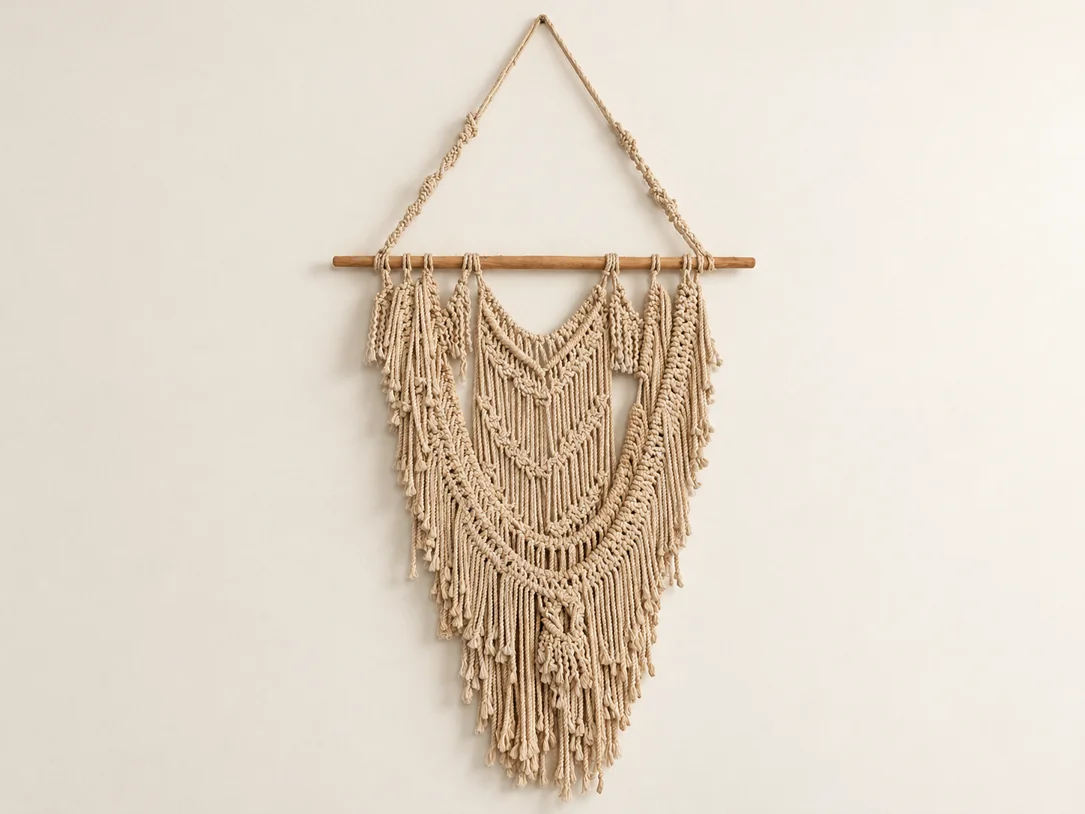 Sukoon natural-toned macramé wall hanging, full view with hanging cord